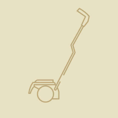 Grafische Darstellung eines Handrasenmähers in einem einfachen, minimalistischen Stil.